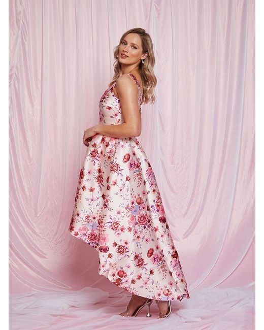 Chi Chi London Pink Sleeveless Floral Dip Hem Dress