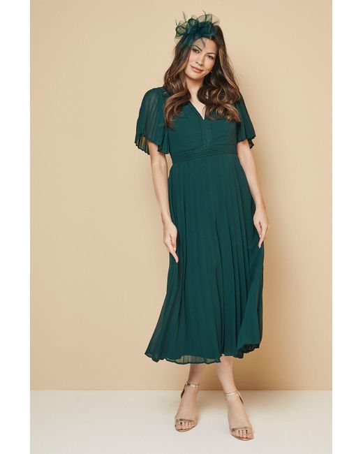 Wallis Green Chiffon Pleated Sleeve Midi Dress