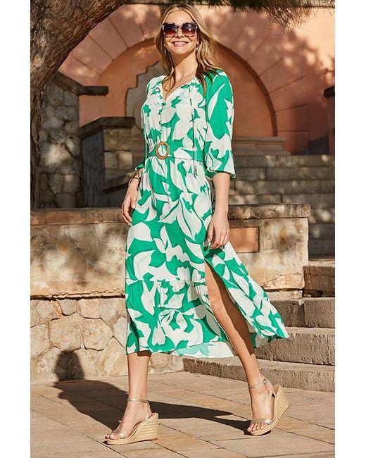 Sosandar Green Floral Print Rattan Belted Dress