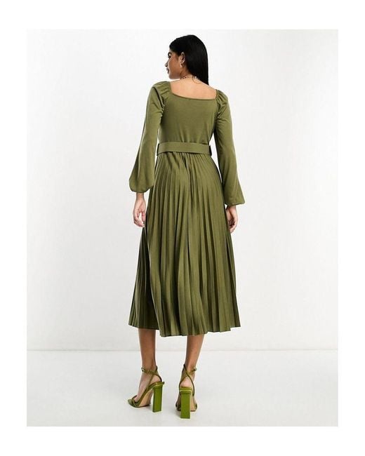 ASOS Green Wrap Front Midi Dress With Pleat Skirt And Belt
