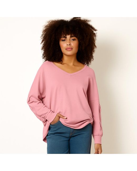 Blue Vanilla Pink Loop Back Sweat Bow Sleeve Raw Edge V Neck Top