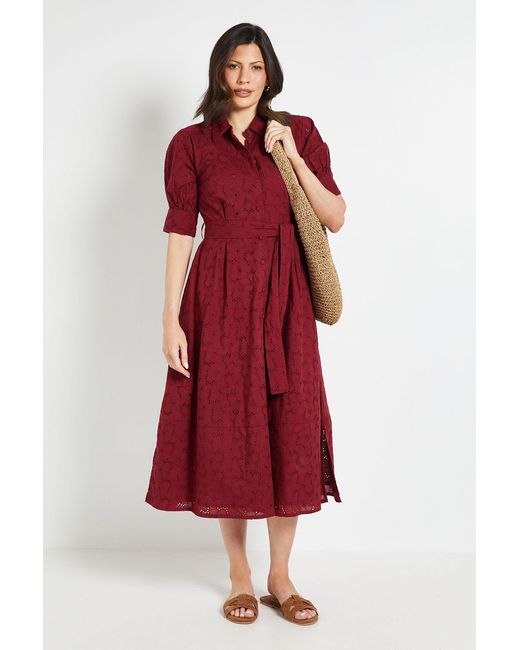Wallis Red Broderie Belted Shirt Dress