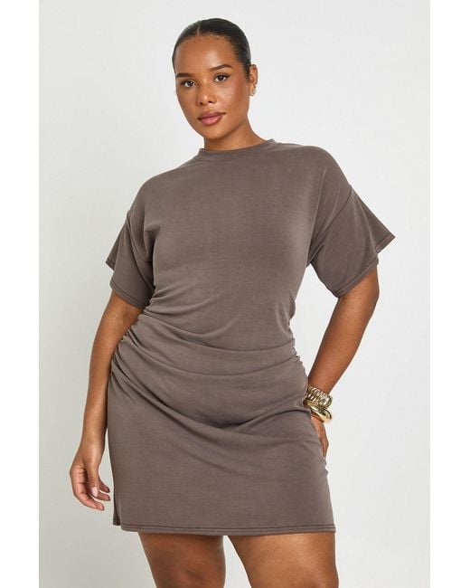Boohoo Brown Plus Ruched Waist T-Shirt Dress