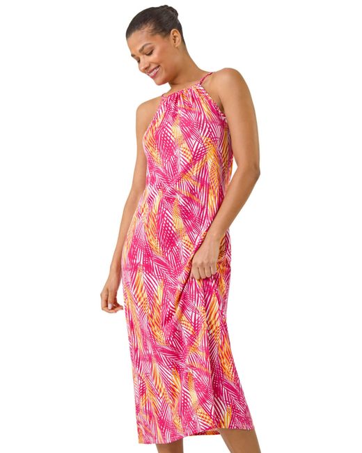Roman Pink Gathered Palm Print Swing Stretch Dress