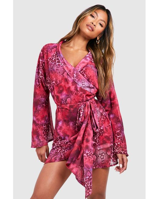 Boohoo Red Animal Print Wrap Mini Dress