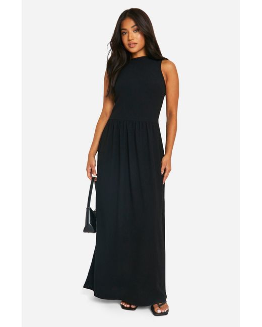 Boohoo Black Petite Crinkle Drop Waist Racer Maxi Dress