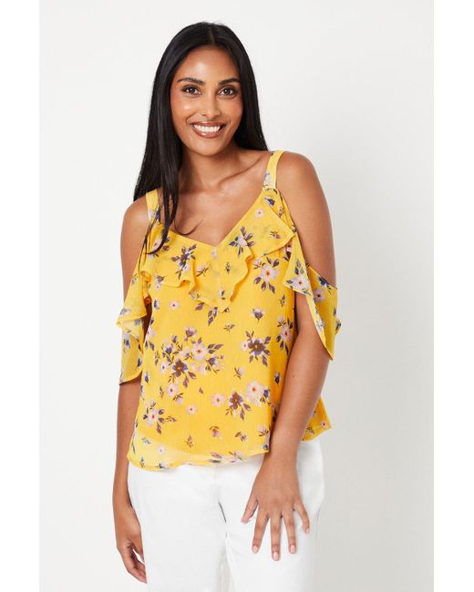 Wallis Yellow Petite Floral Chiffon Ruffle Colds Shoulder Top