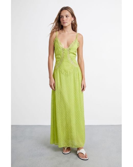 Warehouse Green Dobby Chiffon Lace Cutwork Maxi Dress