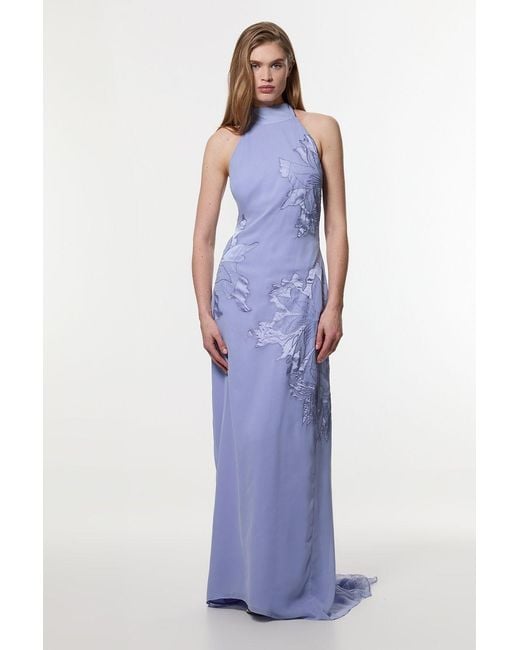 Karen Millen Purple Petite Applique And Lace Georgette Woven Halter Maxi Dress