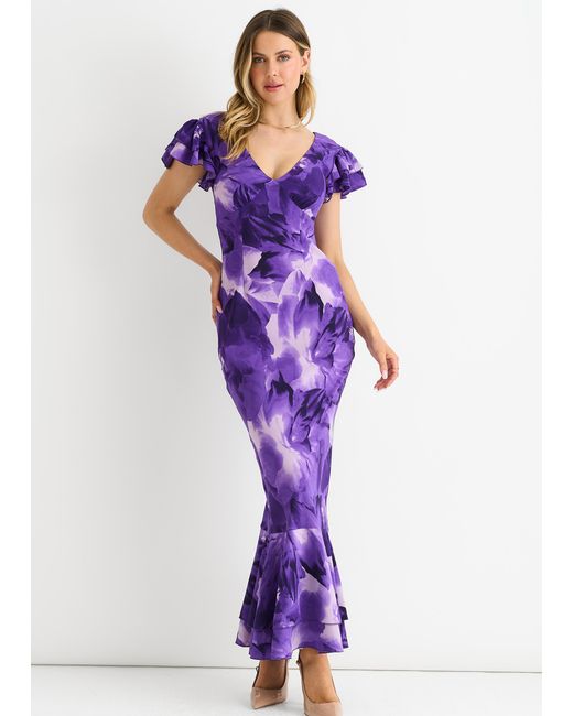 Gini London Purple Watercolour Floral Maxi Dress