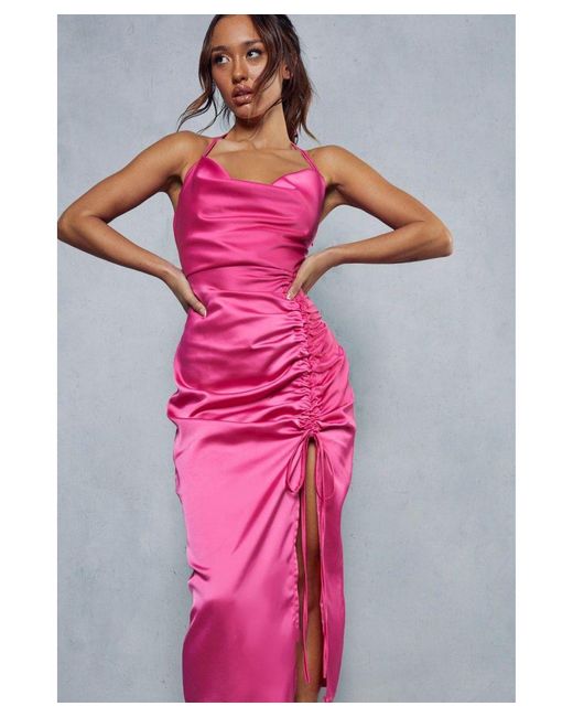 MissPap Pink Premium Satin Cowl Neck Ruched Side Midi Dress