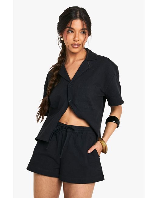 Boohoo Blue Linen Look Drawstring Shorts