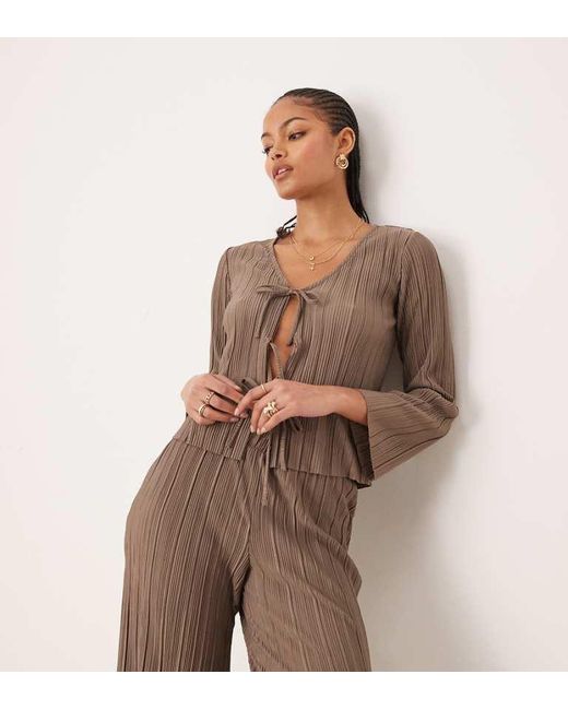 Jdy Brown Tall Tie Front Plisse Top Co-Ord