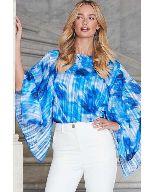 Sosandar Blue Abstract Print Kimono Sleeve Top