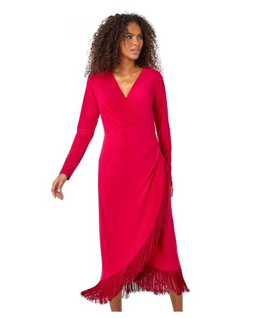 D.u.s.k Red Tassel Trim Stretch Wrap Dress