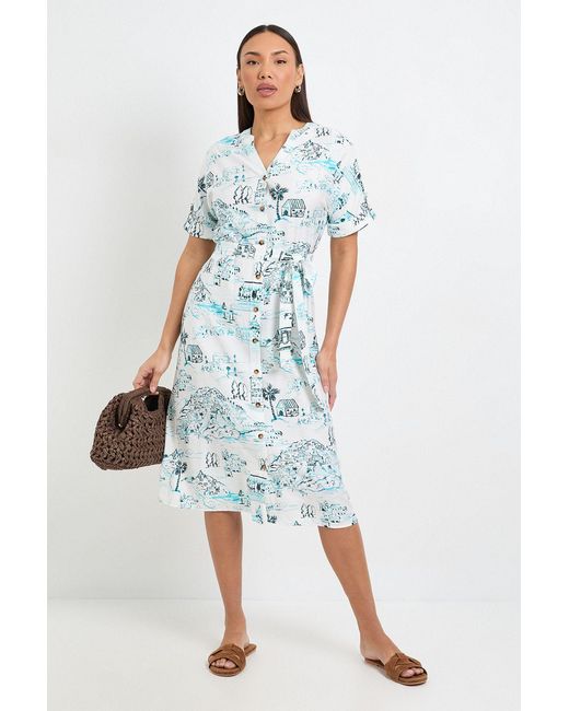 Wallis Blue Printed Roll Sleeve Belted Midi Dress