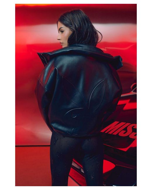 MissPap Black Playboy Leather Look Embossed Bunny Bomber Jacket