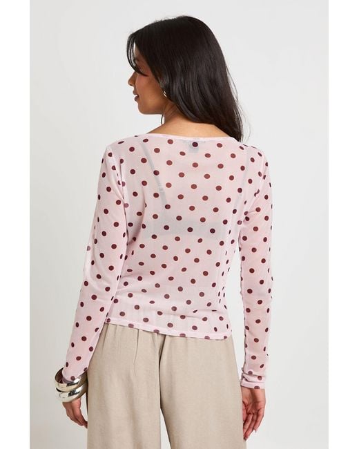 Boohoo Pink Polka Dot Sheer Mesh Top