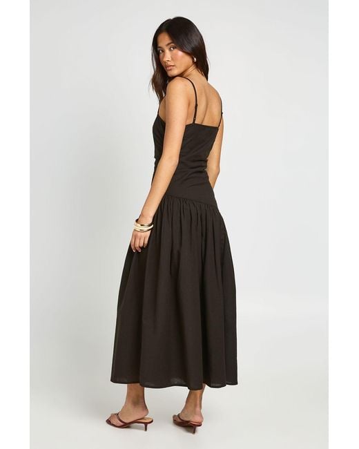 Boohoo Black Linen Ruched Drop Hem Midi Skater Dress