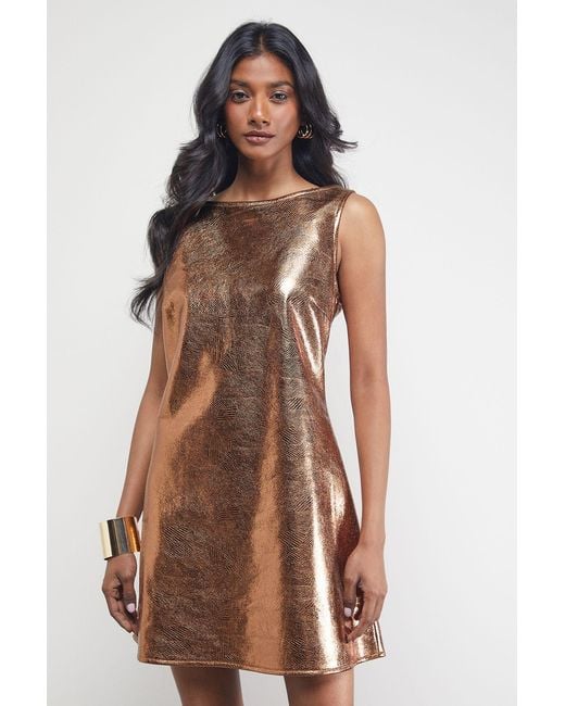 Warehouse Brown Metallic Faux Reptile Leather Sleeveless Mini Dress