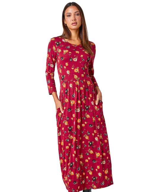 Roman Red Floral Print Pocket Detail Midi Dress