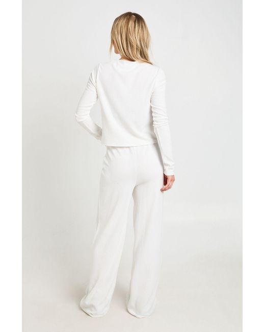 Boohoo White Petite Rib Button Through Long Sleeve Top And Wide Leg Trouser Co-Ord