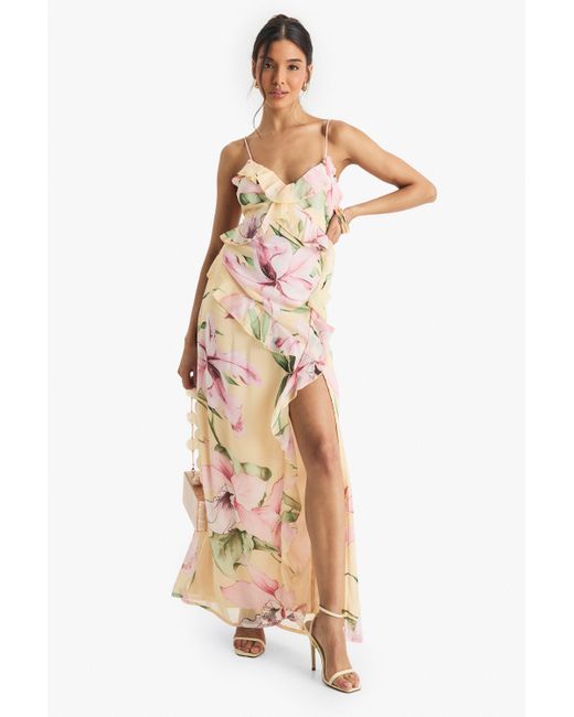 Boohoo Floral Crinkle Chiffon Ruffle Maxi Dress in Yellow | Lyst UK