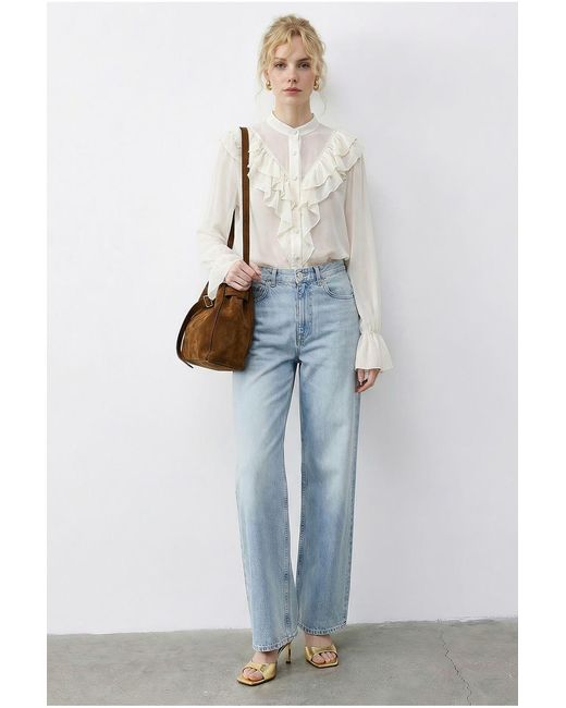 Bianco Lucci Blue Frilly Mandarin Collar Long Sleeve Chiffon Shirt