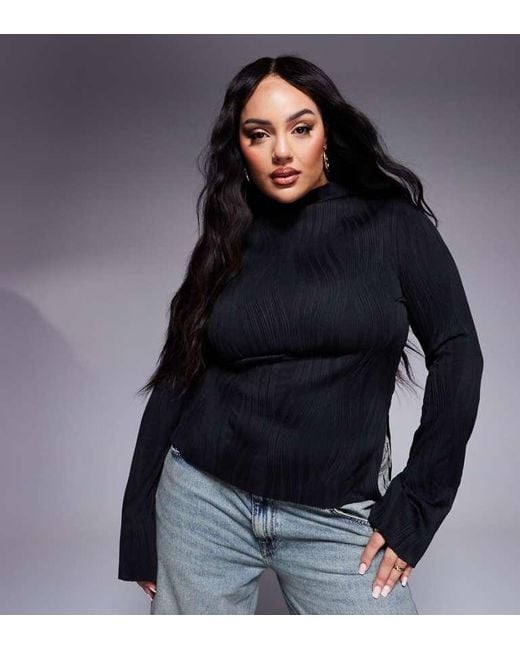 ASOS Blue Design Plisse Long Sleeve Top With Grown On Neck