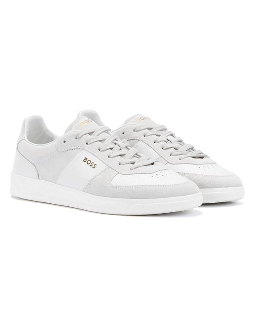 Boss White Brandon Suede/Leather Trainers for men