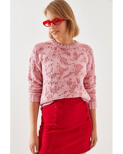 Bianco Lucci Red Abstract Knitwear Sweater With Ribbed Details