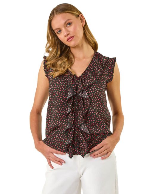 Roman Brown Floral Print Ruffle Front Top