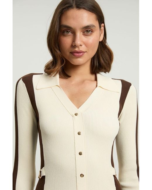 Karen Millen Natural Viscose Rib Contrast Colour Button Knit Top