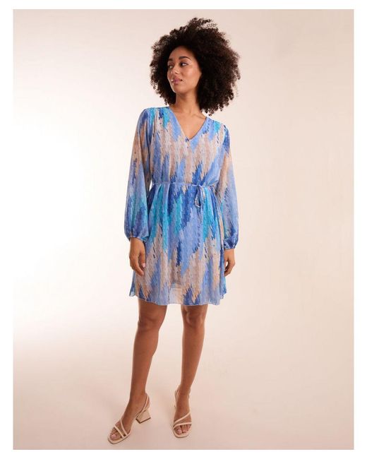 Blue Vanilla Blue Zig Zag Printed Belted Dress