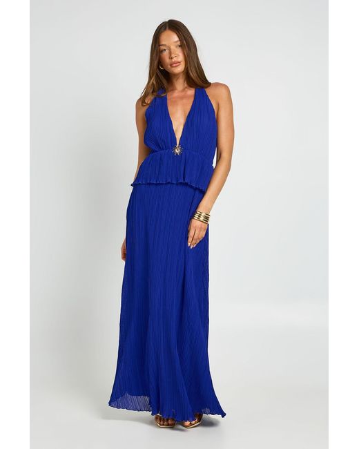 Boohoo Blue Plisse Trim Plunge Front Maxi Dress