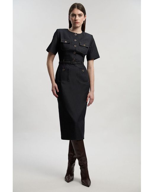 Karen Millen Black Tailored Denim Belted Midi Dress