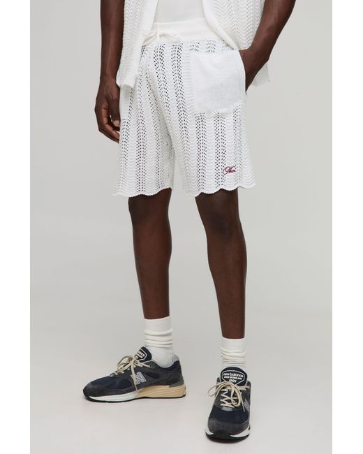 BoohooMAN White Relaxed Embroidered Wavy Crochet Knitted Short for men