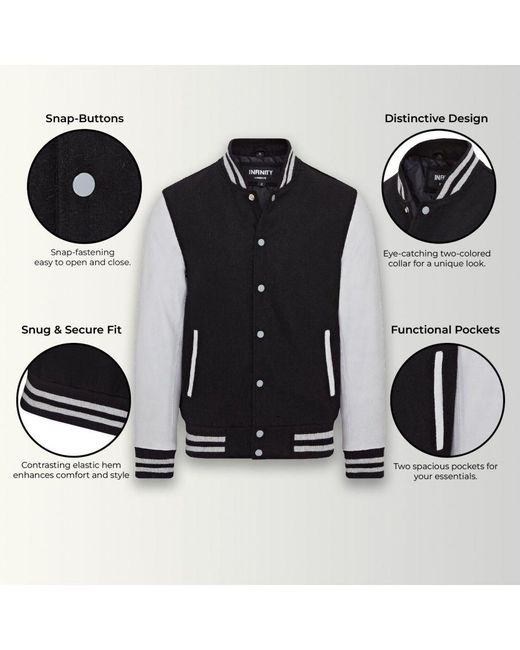 Infinity Leather Black Letterman Baseball Wool Varsity Bomber Jacket for men