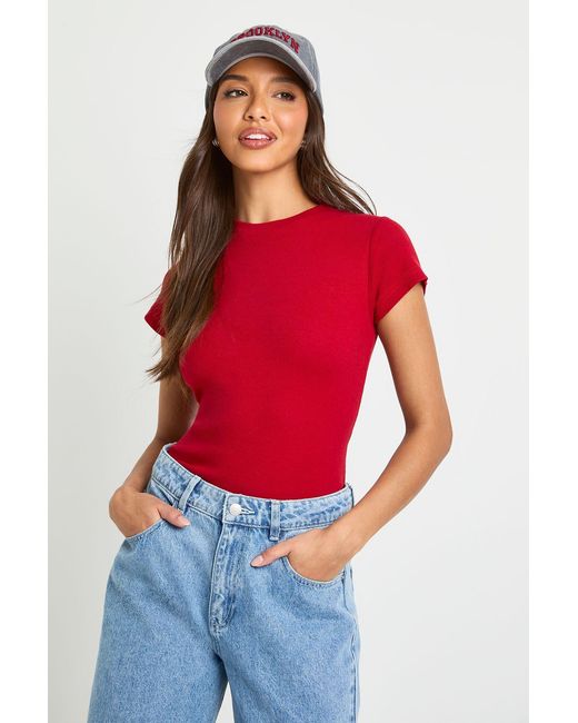 Boohoo Red Basic Rib Short Sleeve Fitted Top