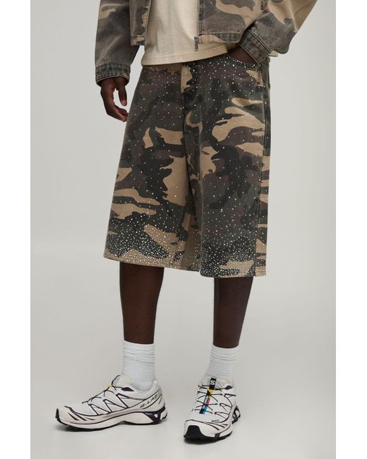 BoohooMAN Green Camo Washed Relaxed Fit Rhinestone Co-Ord Jorts for men