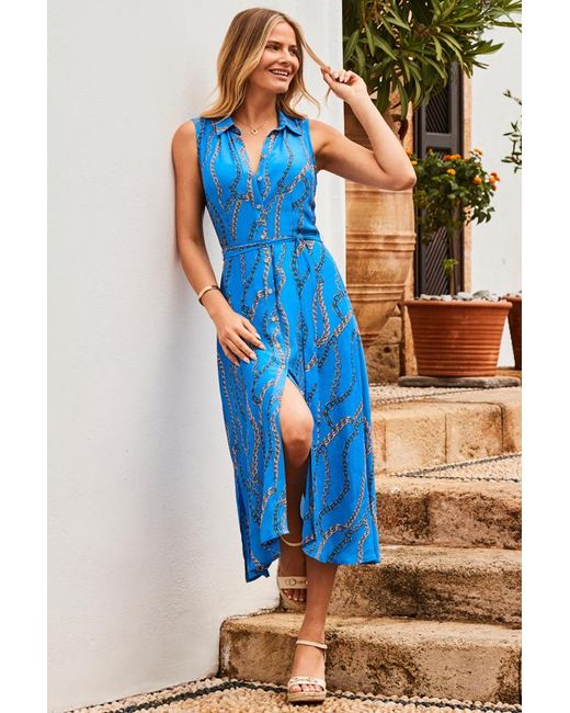 Sosandar Blue Chain Print Sleeveless Midi Shirt Dress