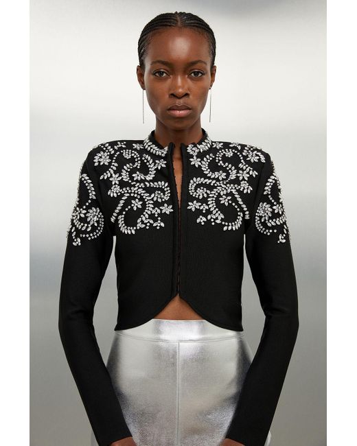 Karen Millen Black Figure Form Bandage Embellished Knit Jacket