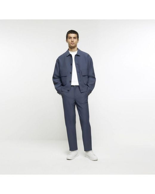River Island Blue Smart Trousers Tapered Fit Plisse for men