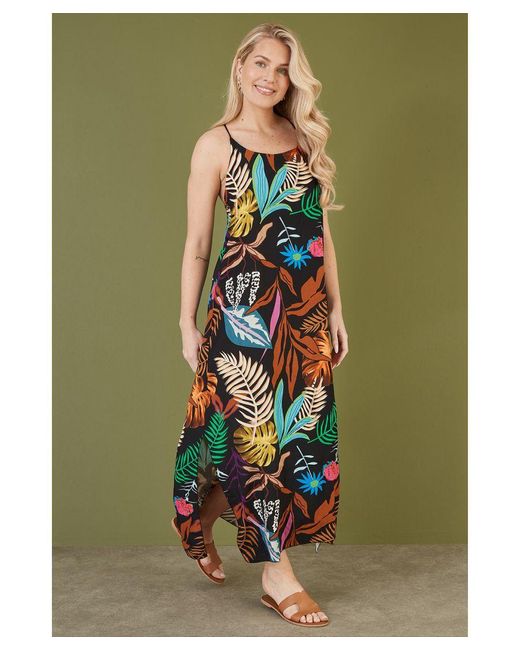 Mela London Green Tropical Print Maxi Dress With Side Split Hem Viscose