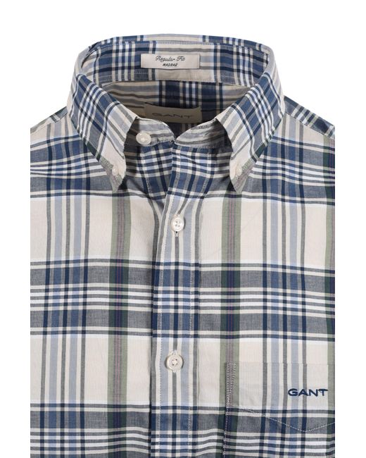 Gant Gray Madras Check Short Sleeved Shirt Faded Denim for men