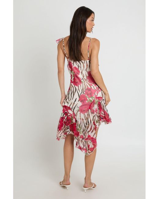 Boohoo Red Tall Chiffon Ruffle Detail Floral Asymmetric Midi Dress