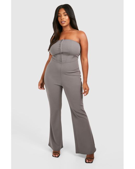 Boohoo White Plus Scuba Crepe Corset Hook & Eye Detail Bandeau Flare Jumpsuit