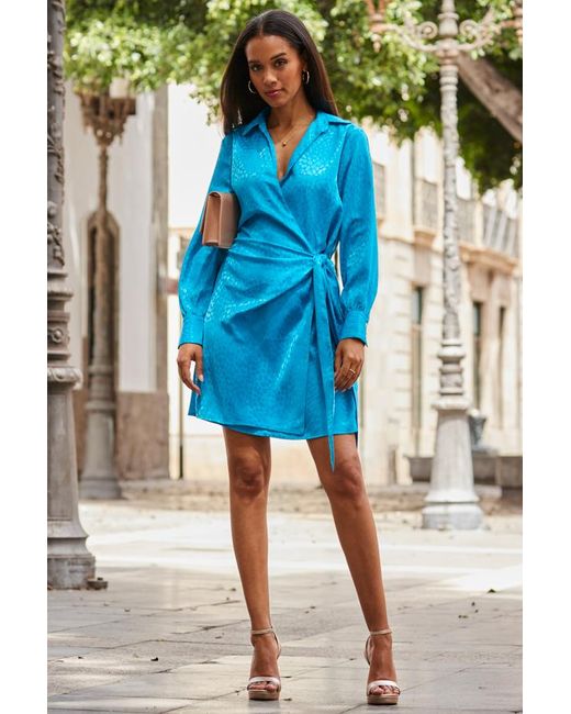 Sosandar Blue Azure Satin Jacquard Wrap Dress