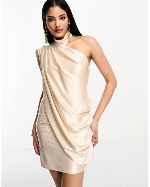 ASOS Natural One Shoulder Super Draped Asymmetric Neck Cowl Back Mini Dress