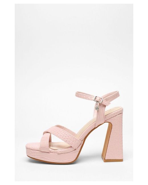 Quiz Pink Light Crocodile Cross Strap Platform Heeled Sandals